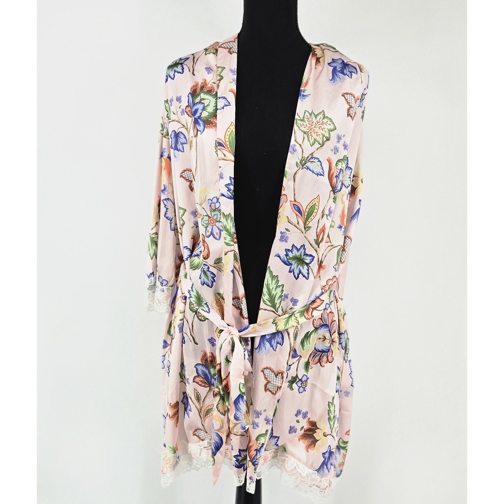 POL Floral Lace Trim Kimono Robe Pink Satin Lounge Wrap Cardigan Coat Jacket SM